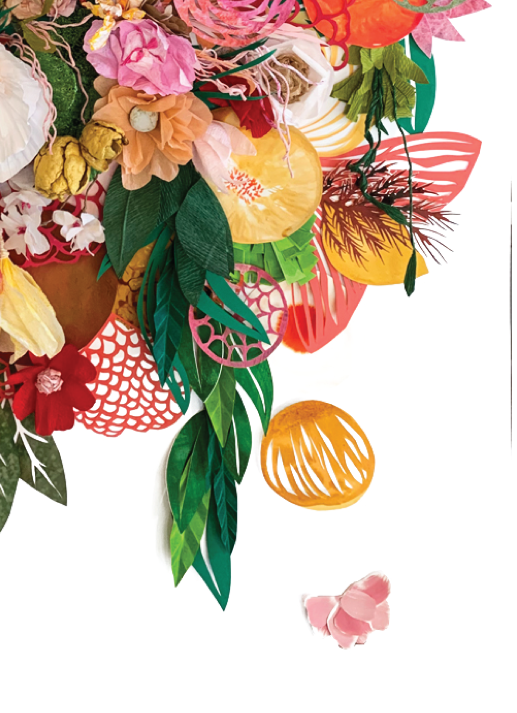 A colorful floral wall art piece made of layered paper flowers, leaves, and decorative shapes in pink, orange, red, yellow, and green, shown on a white background with a text note at the bottom about framing and mounting.